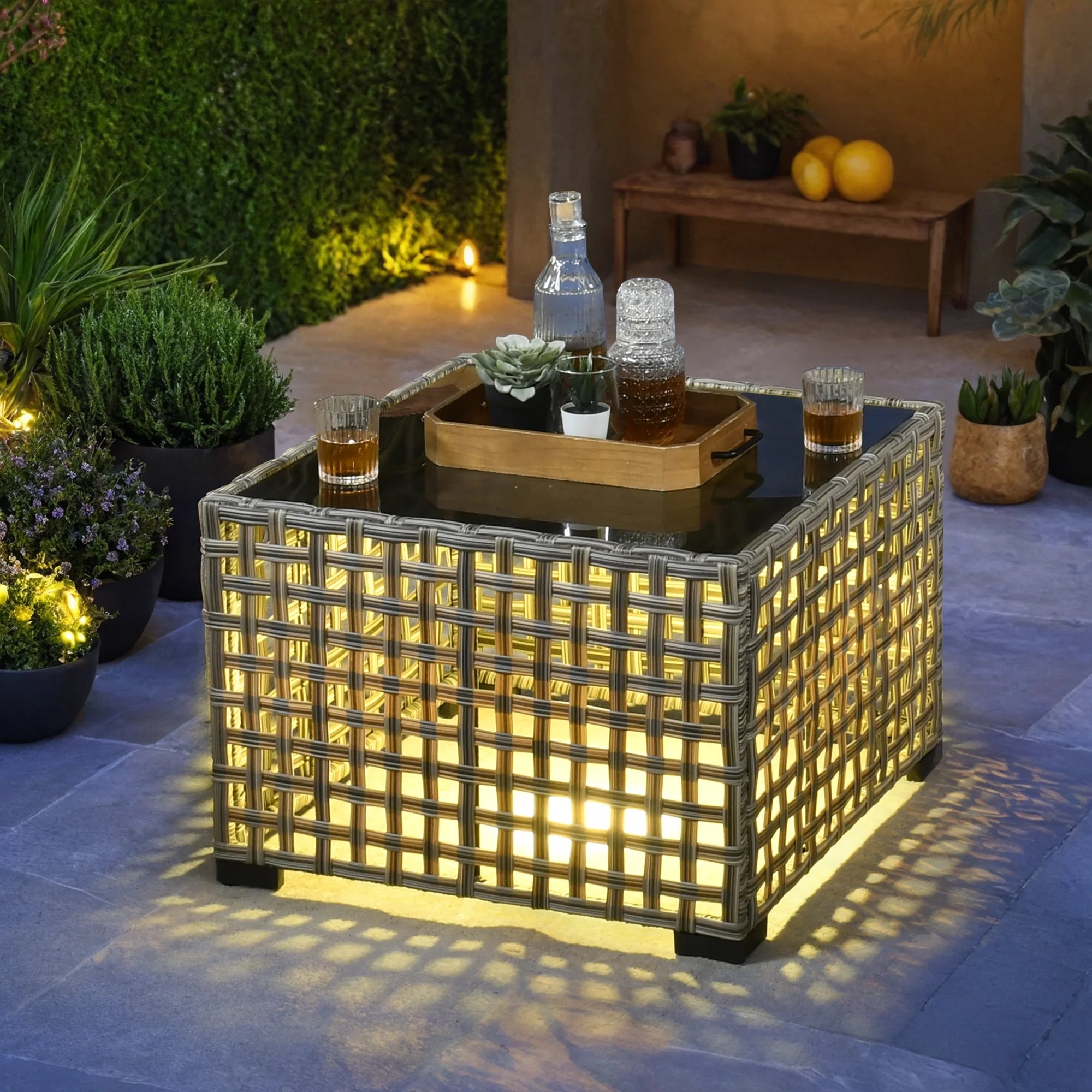 5 Pieces Outdoor Patio Furniture Set High-Back Rattan Wicker Conversation Set Outdoor Sectional with Swivel Chairs & Solar Light Coffee Table, Black
