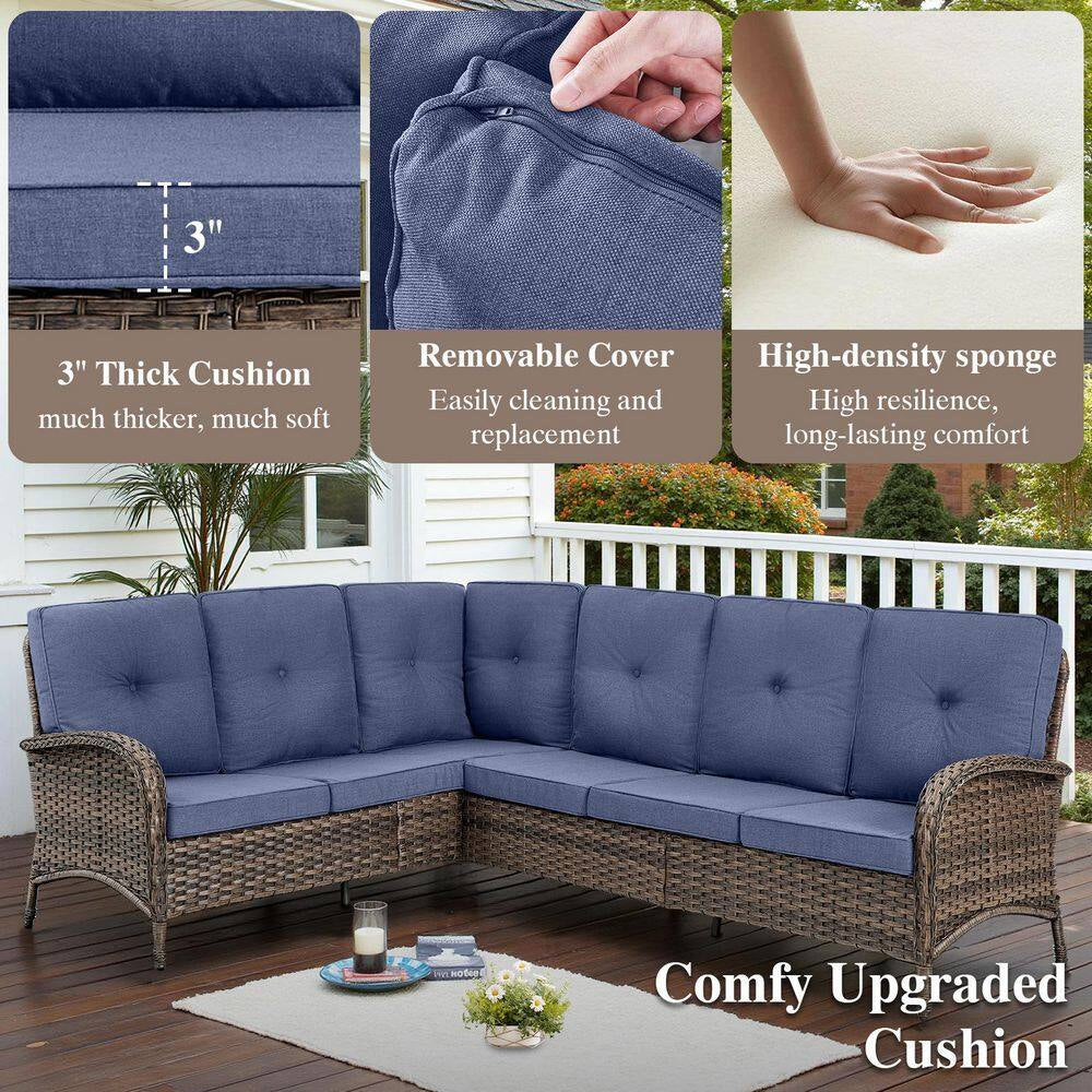 Carlos 8-Piece All-Weather Brown Wicker Patio Conversation Set with Blue Cushions and Coffee Table