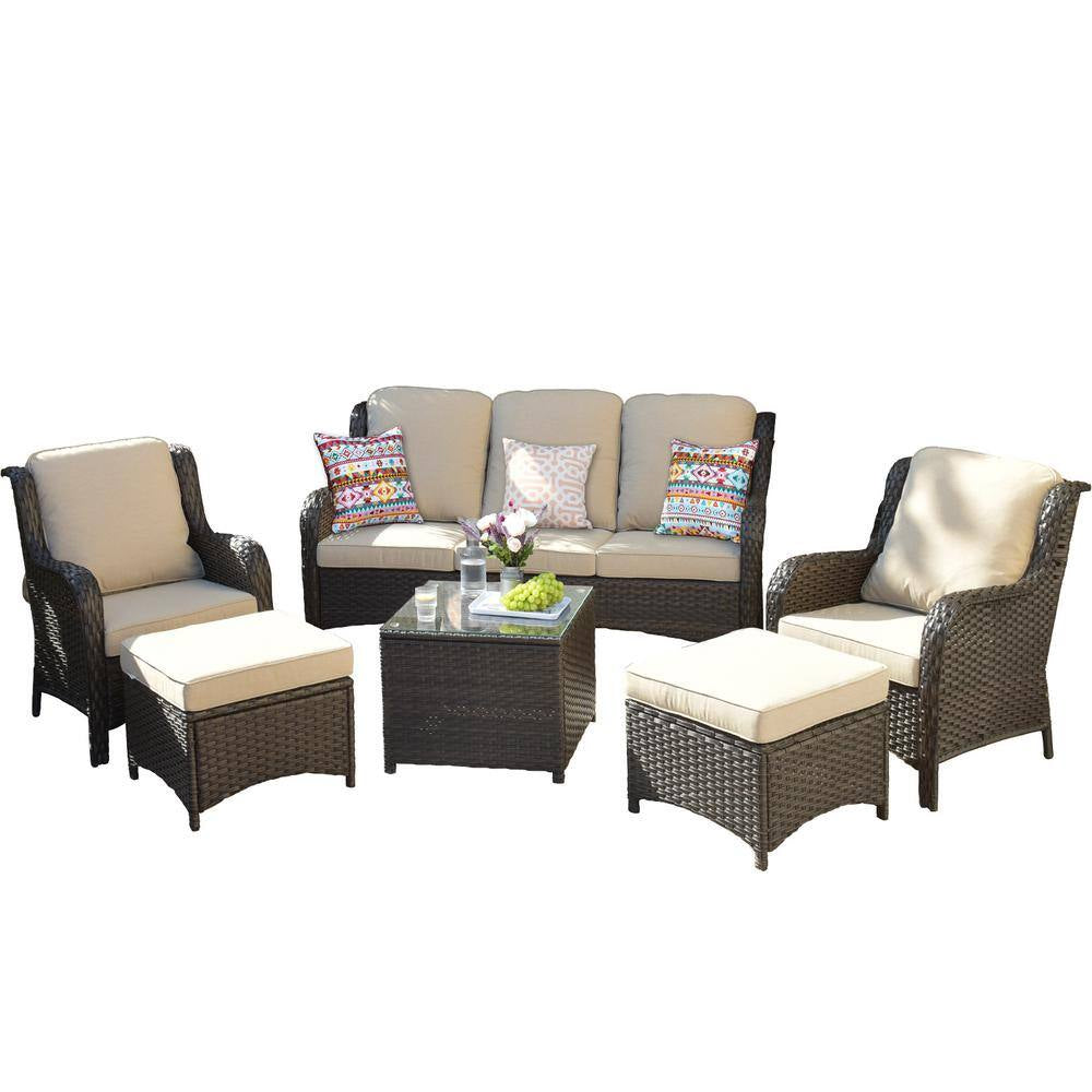 Joyoung Brown 6-Piece Wicker Outdoor Patio Conversation Seating Set with Beige Cushions