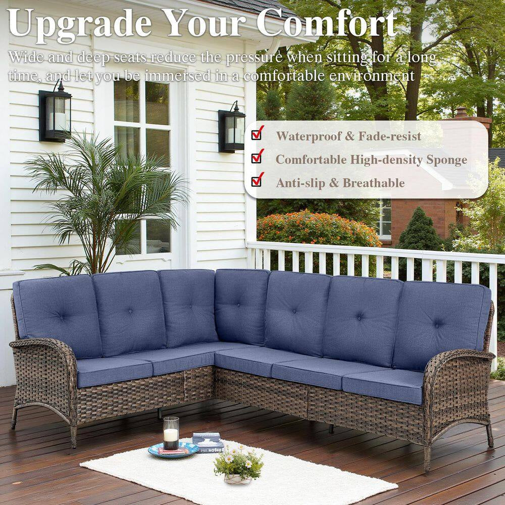 Carlos 8-Piece All-Weather Brown Wicker Patio Conversation Set with Blue Cushions and Coffee Table