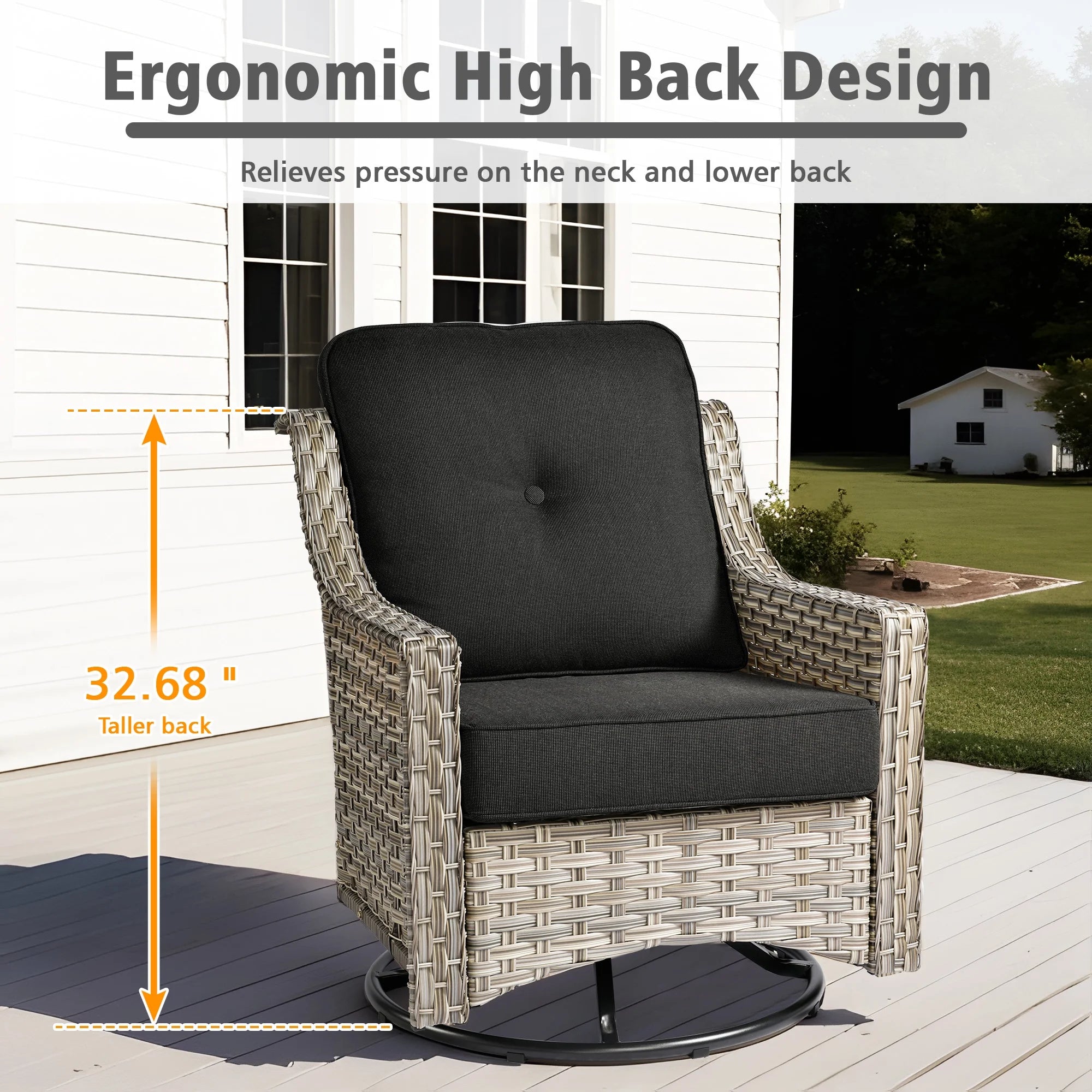 5 Pieces Outdoor Patio Furniture Set High-Back Rattan Wicker Conversation Set Outdoor Sectional with Swivel Chairs & Solar Light Coffee Table, Black