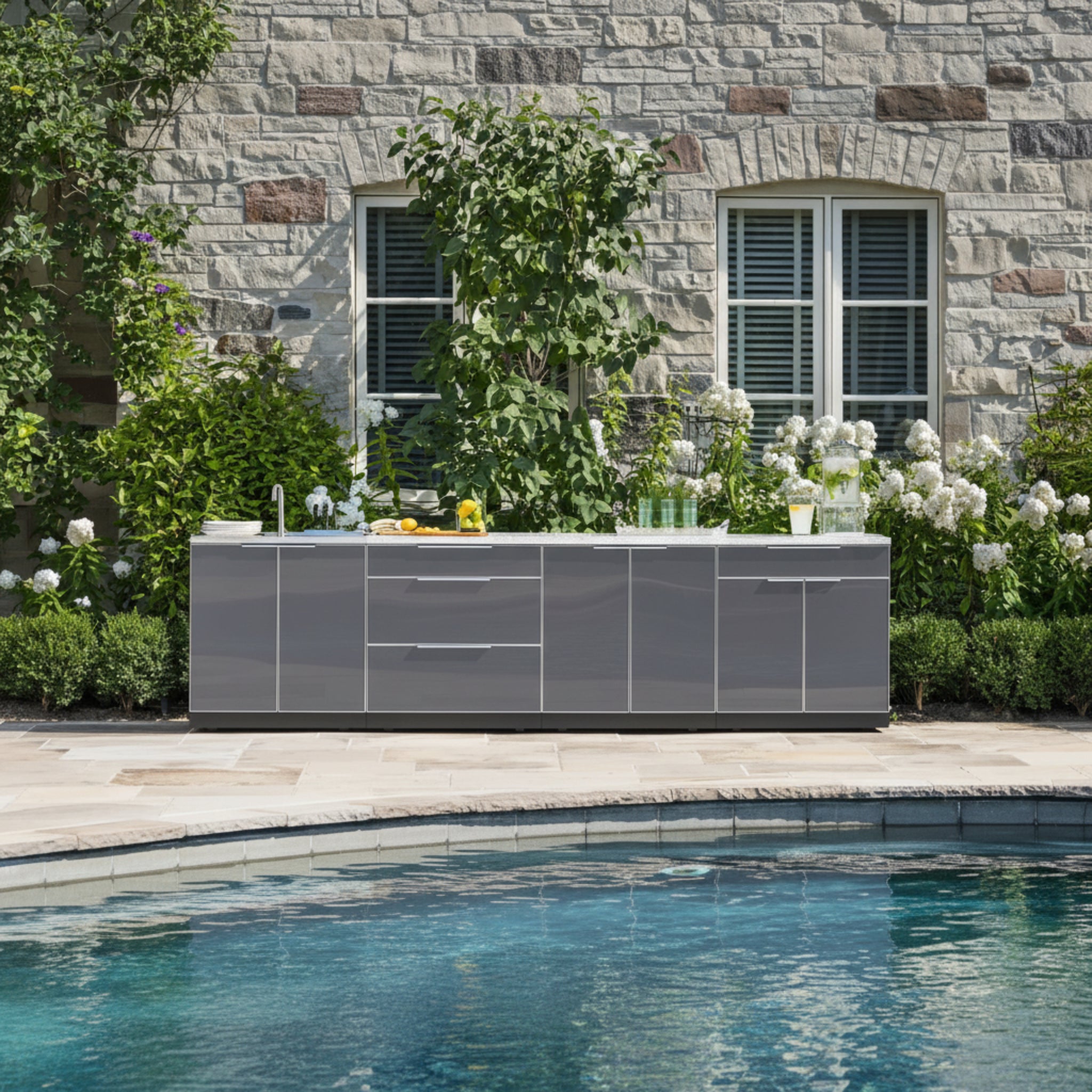 Newage Products Outdoor Kitchen Aluminum 4 Piece Cabinet Set with Corner Shelf, 2-Door, 3-Drawer and Bar Cabinet