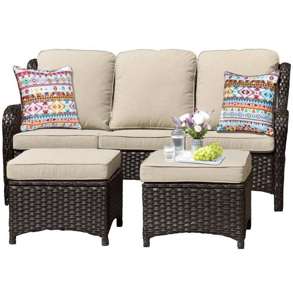 Joyoung Brown 6-Piece Wicker Outdoor Patio Conversation Seating Set with Beige Cushions