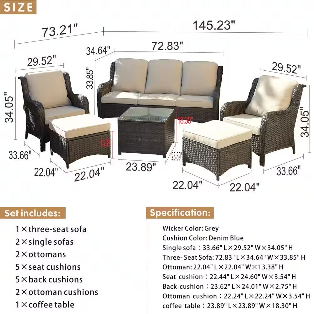 Joyoung Brown 6-Piece Wicker Outdoor Patio Conversation Seating Set with Beige Cushions