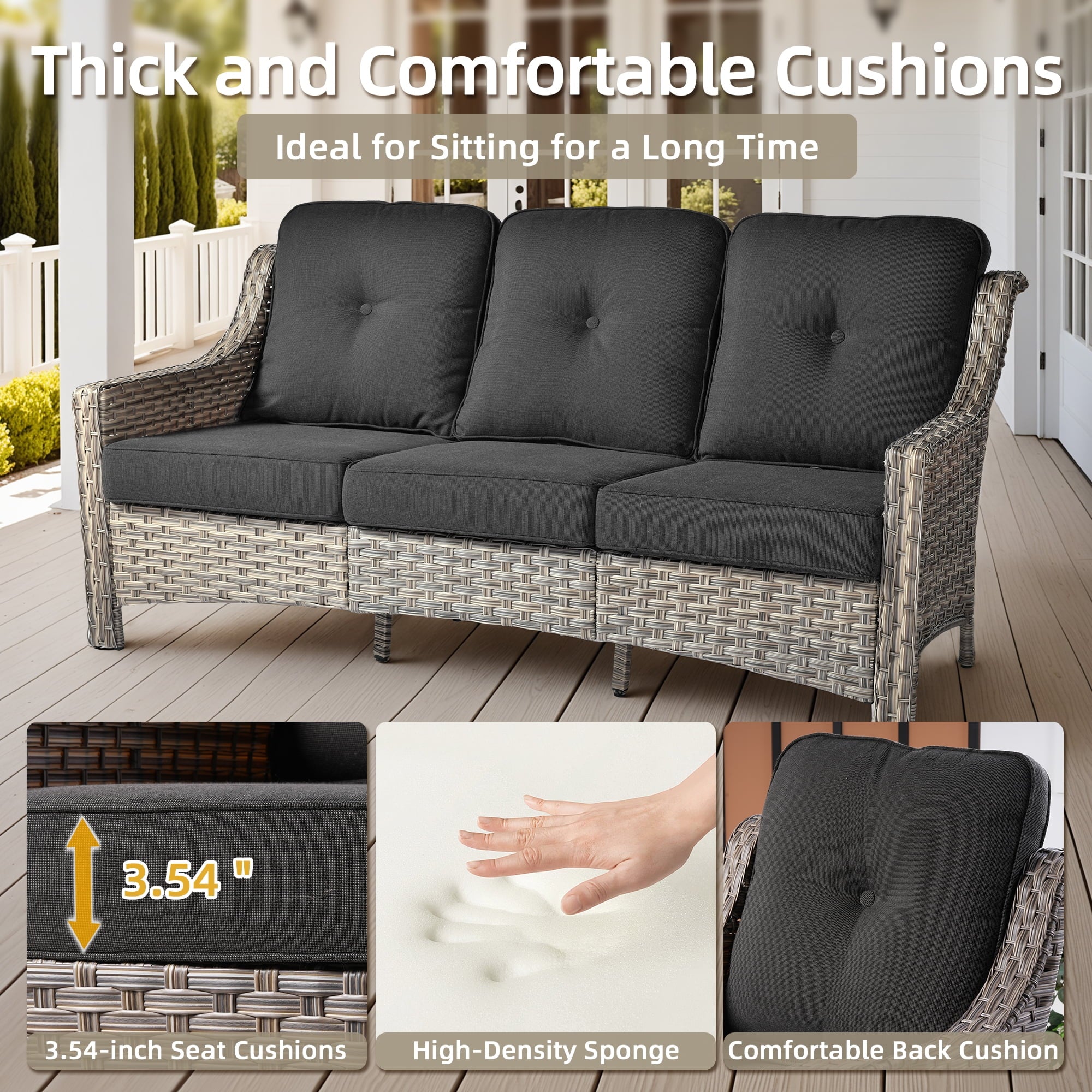 5 Pieces Outdoor Patio Furniture Set High-Back Rattan Wicker Conversation Set Outdoor Sectional with Swivel Chairs & Solar Light Coffee Table, Black