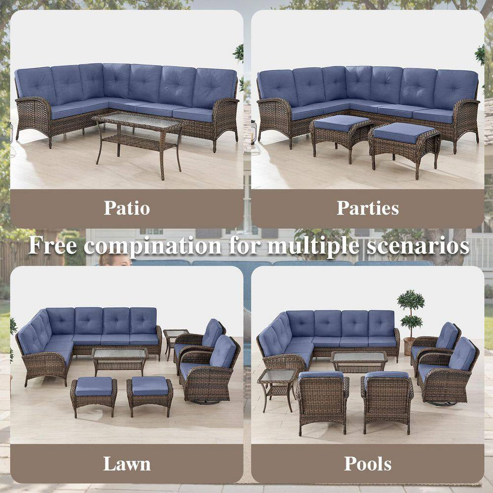 Carlos 8-Piece All-Weather Brown Wicker Patio Conversation Set with Blue Cushions and Coffee Table