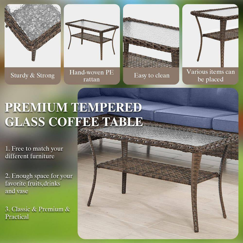 Carlos 8-Piece All-Weather Brown Wicker Patio Conversation Set with Blue Cushions and Coffee Table