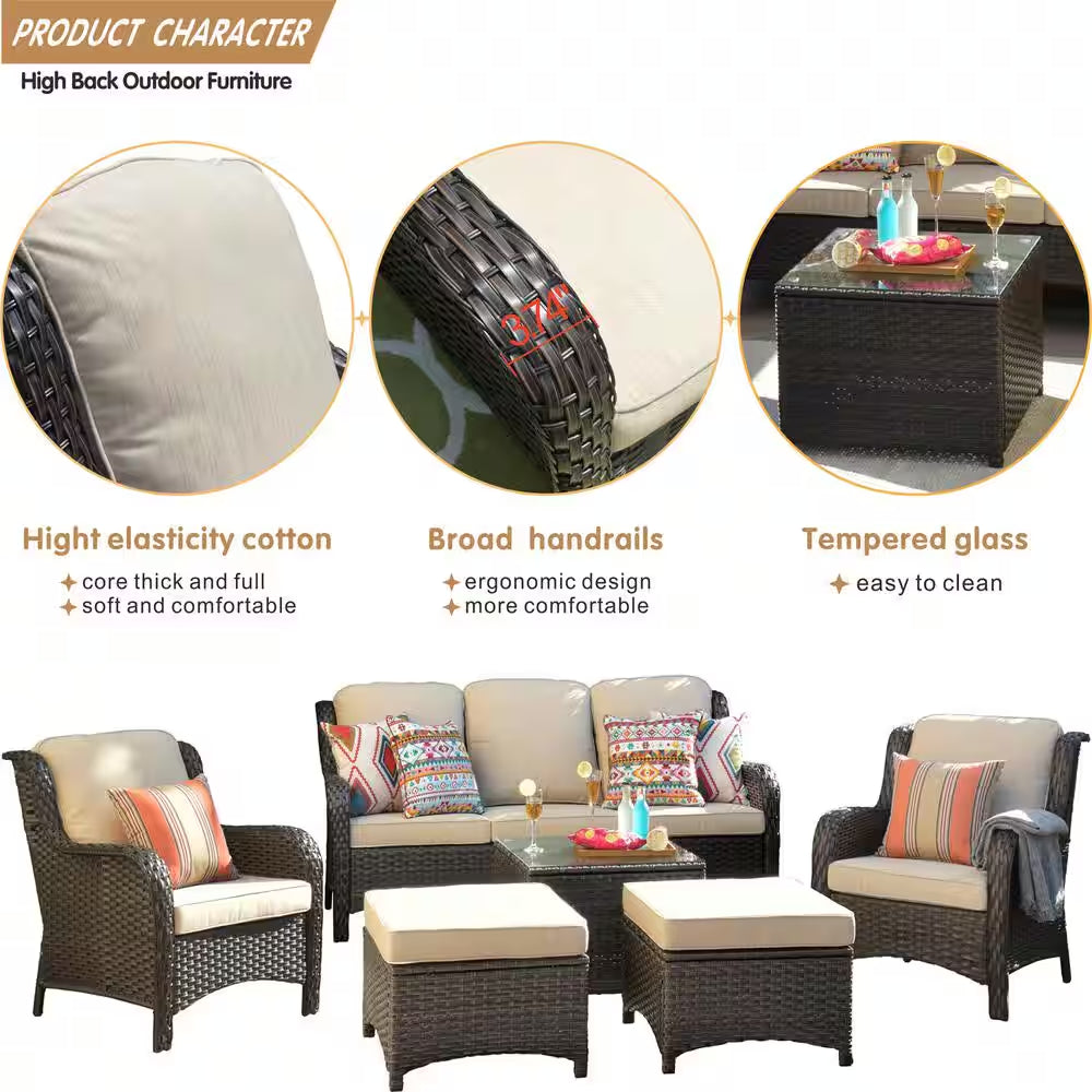 Joyoung Brown 6-Piece Wicker Outdoor Patio Conversation Seating Set with Beige Cushions
