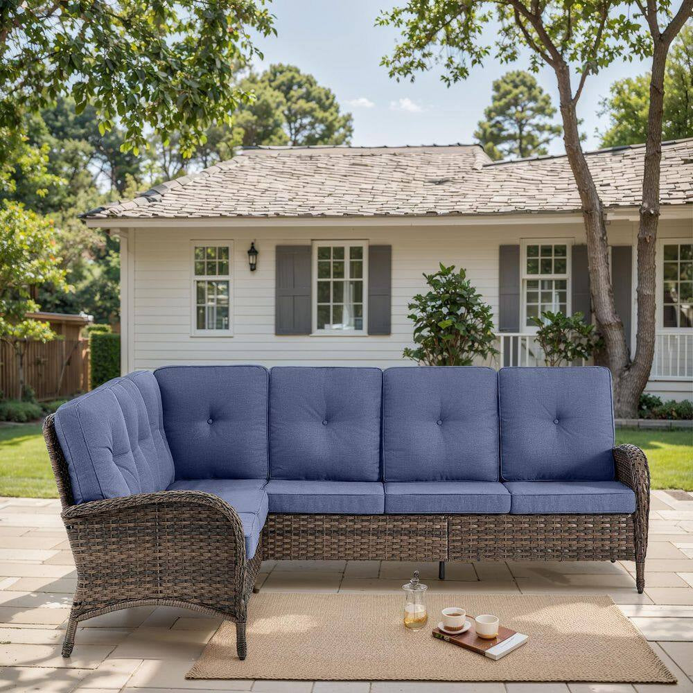 Carlos 8-Piece All-Weather Brown Wicker Patio Conversation Set with Blue Cushions and Coffee Table