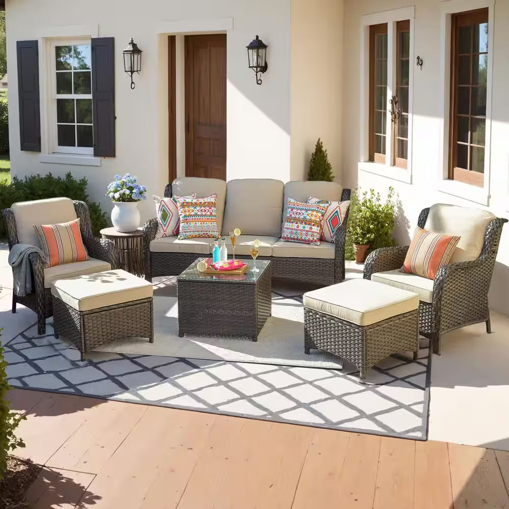 Joyoung Brown 6-Piece Wicker Outdoor Patio Conversation Seating Set with Beige Cushions