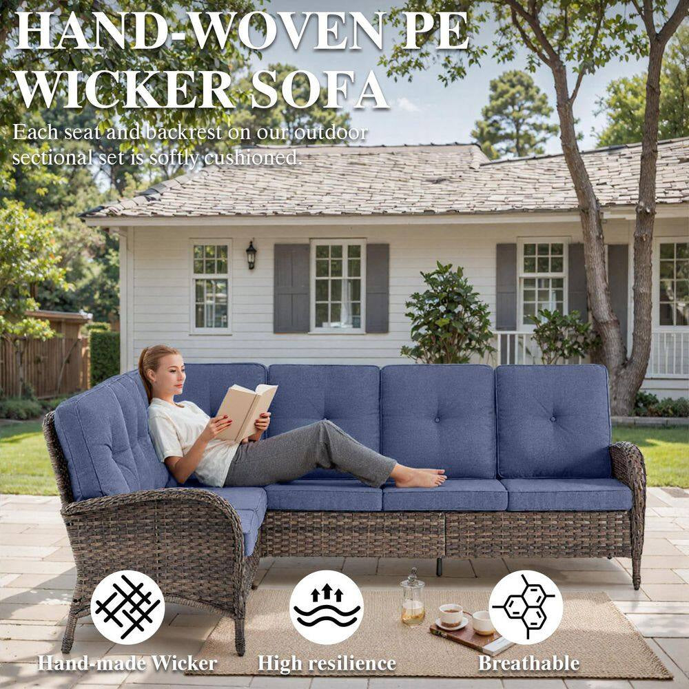 Carlos 8-Piece All-Weather Brown Wicker Patio Conversation Set with Blue Cushions and Coffee Table