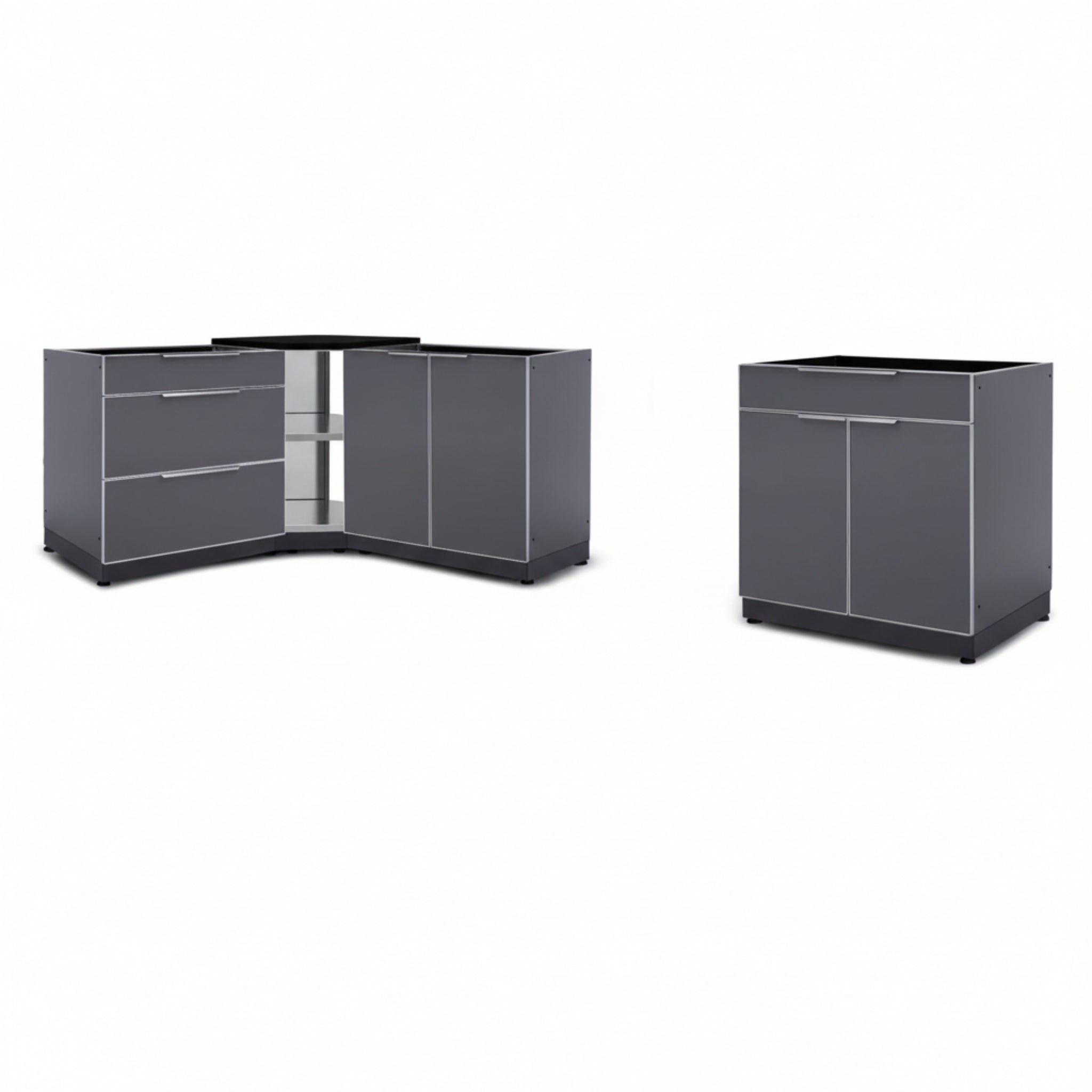 Newage Products Outdoor Kitchen Aluminum 4 Piece Cabinet Set with Corner Shelf, 2-Door, 3-Drawer and Bar Cabinet