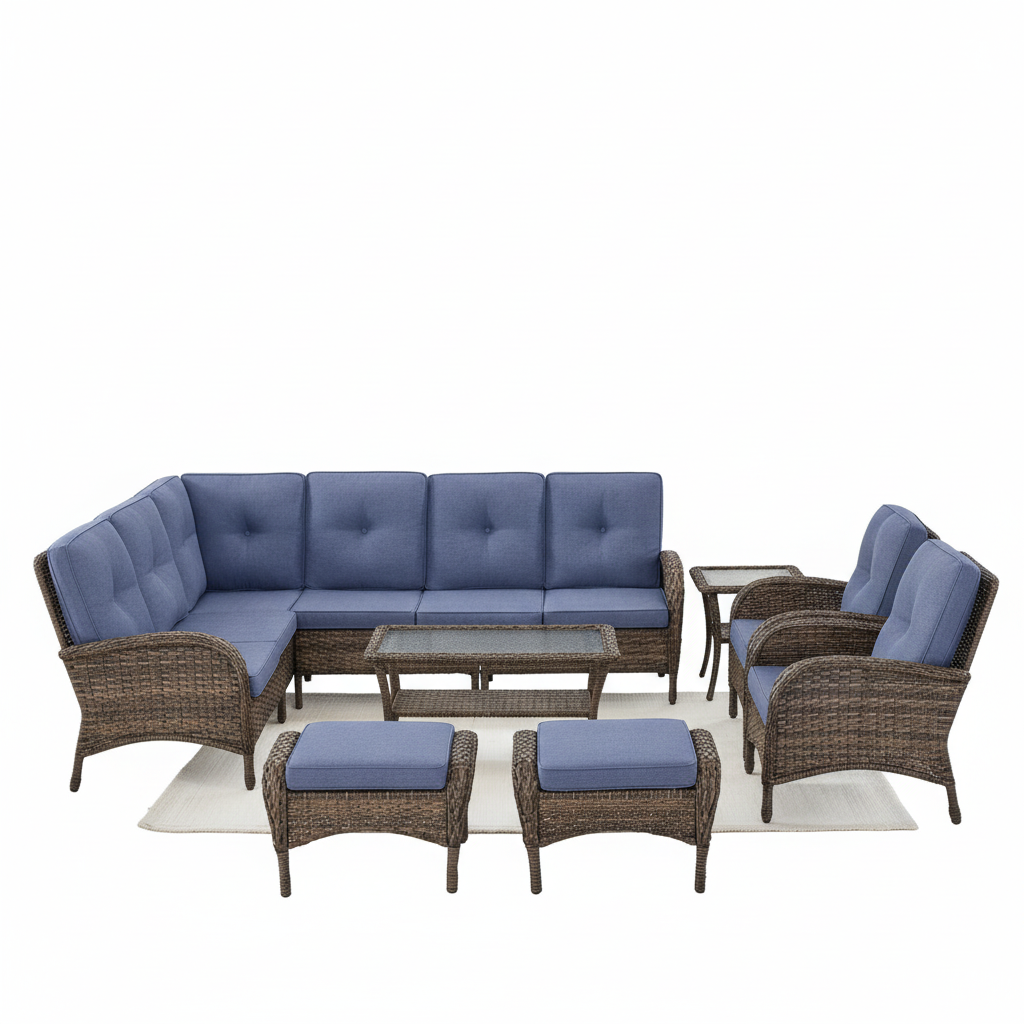 Carlos 8-Piece All-Weather Brown Wicker Patio Conversation Set with Blue Cushions and Coffee Table