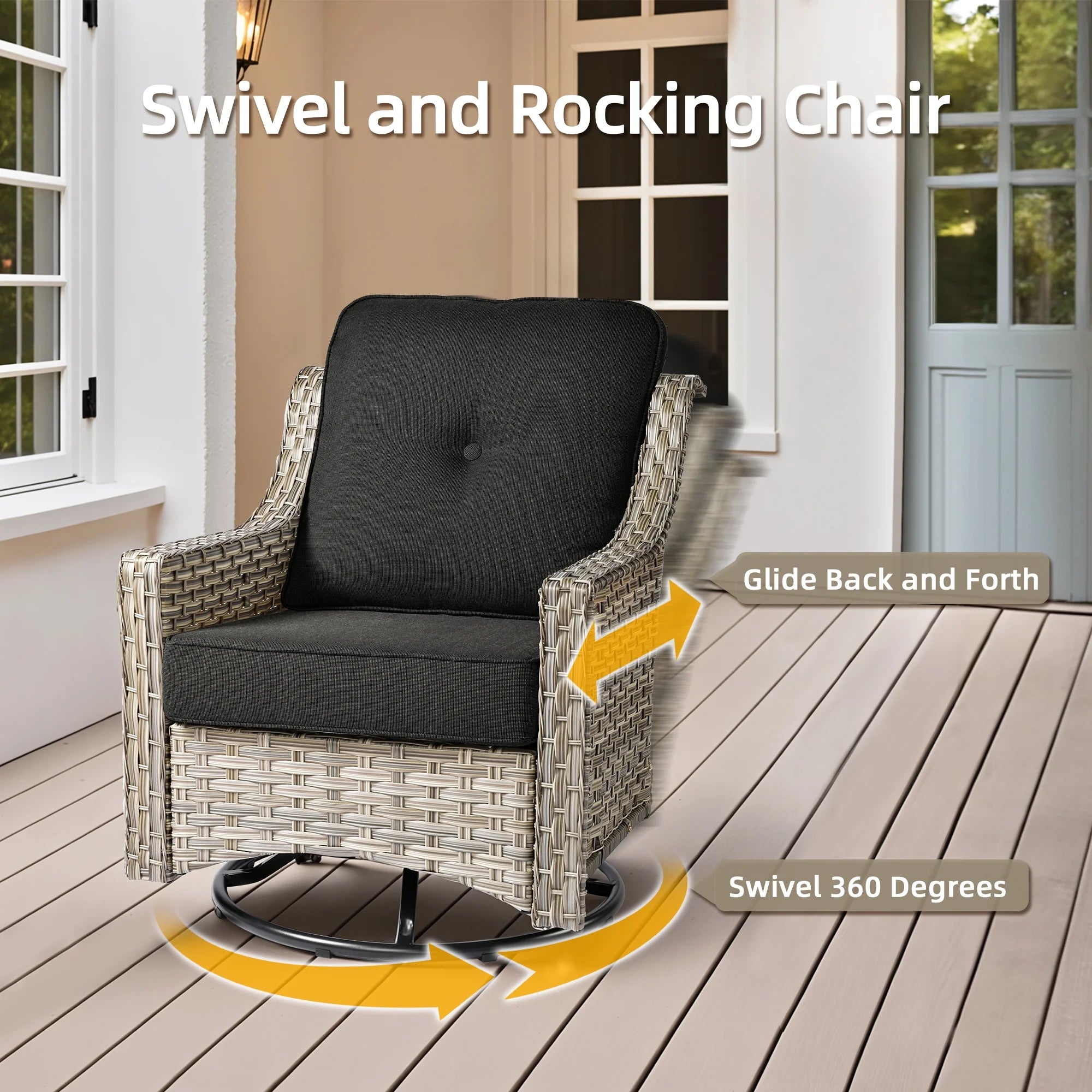 5 Pieces Outdoor Patio Furniture Set High-Back Rattan Wicker Conversation Set Outdoor Sectional with Swivel Chairs & Solar Light Coffee Table, Black