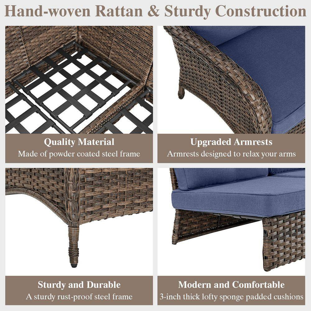 Carlos 8-Piece All-Weather Brown Wicker Patio Conversation Set with Blue Cushions and Coffee Table