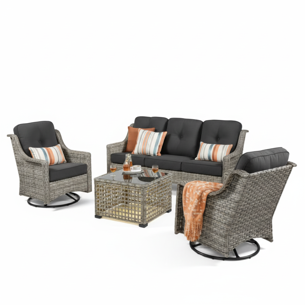 5 Pieces Outdoor Patio Furniture Set High-Back Rattan Wicker Conversation Set Outdoor Sectional with Swivel Chairs & Solar Light Coffee Table, Black