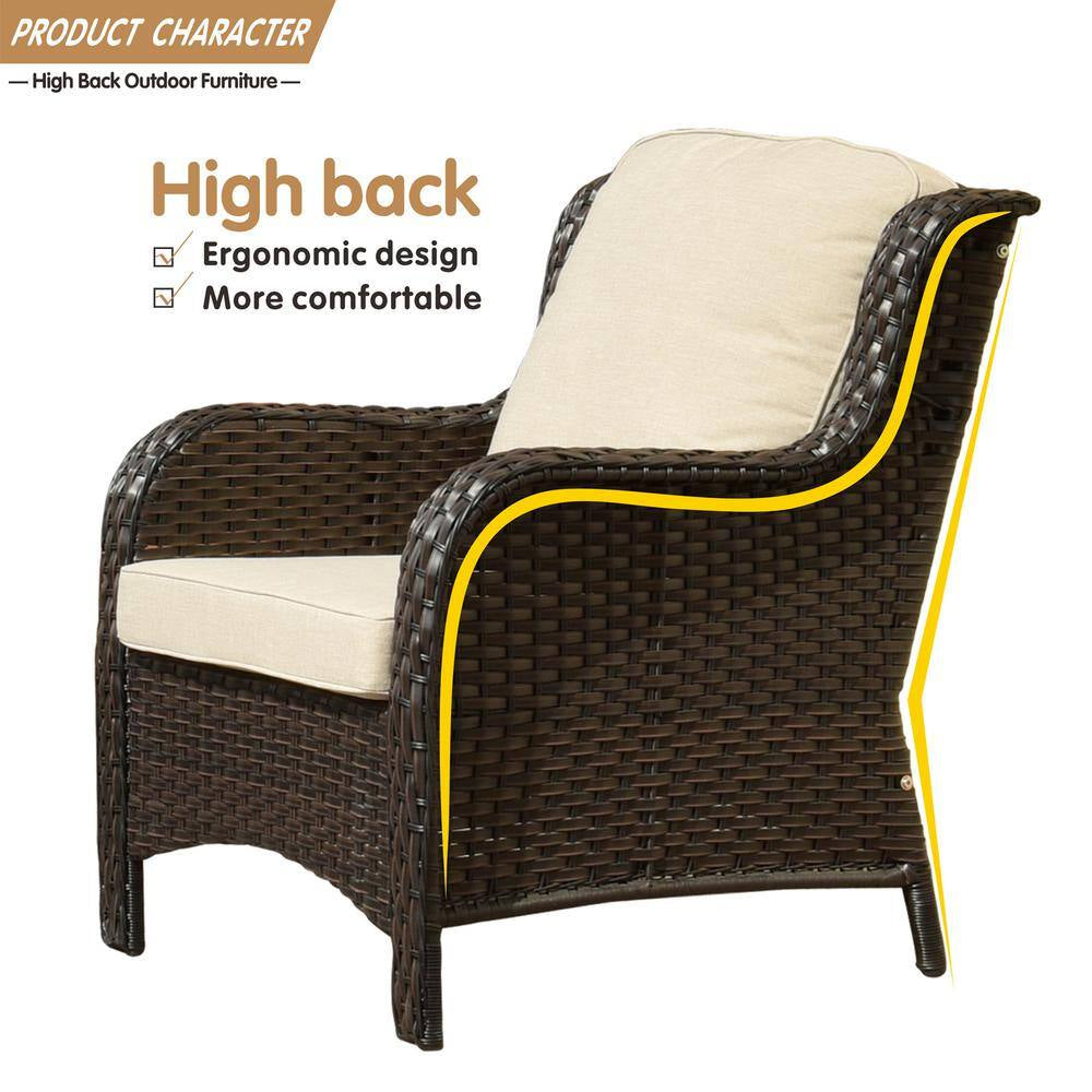 Joyoung Brown 6-Piece Wicker Outdoor Patio Conversation Seating Set with Beige Cushions