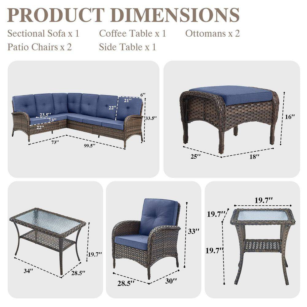 Carlos 8-Piece All-Weather Brown Wicker Patio Conversation Set with Blue Cushions and Coffee Table